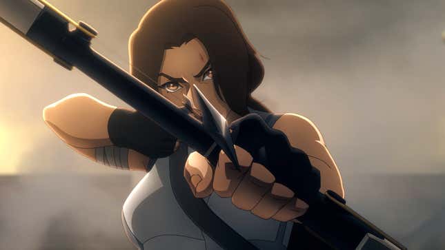 Ein Anime-Screenshot zeigt Lara Croft, wie sie ihren Bogen auf einen Feind richtet. 